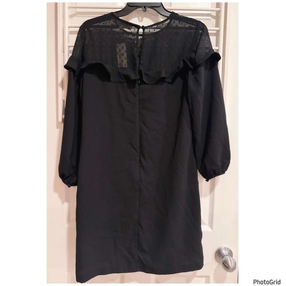 NWT Loft Black Sheer Dot Ruffle Yoke Dress Size 6P Petite Mini - Picture 4 of 9